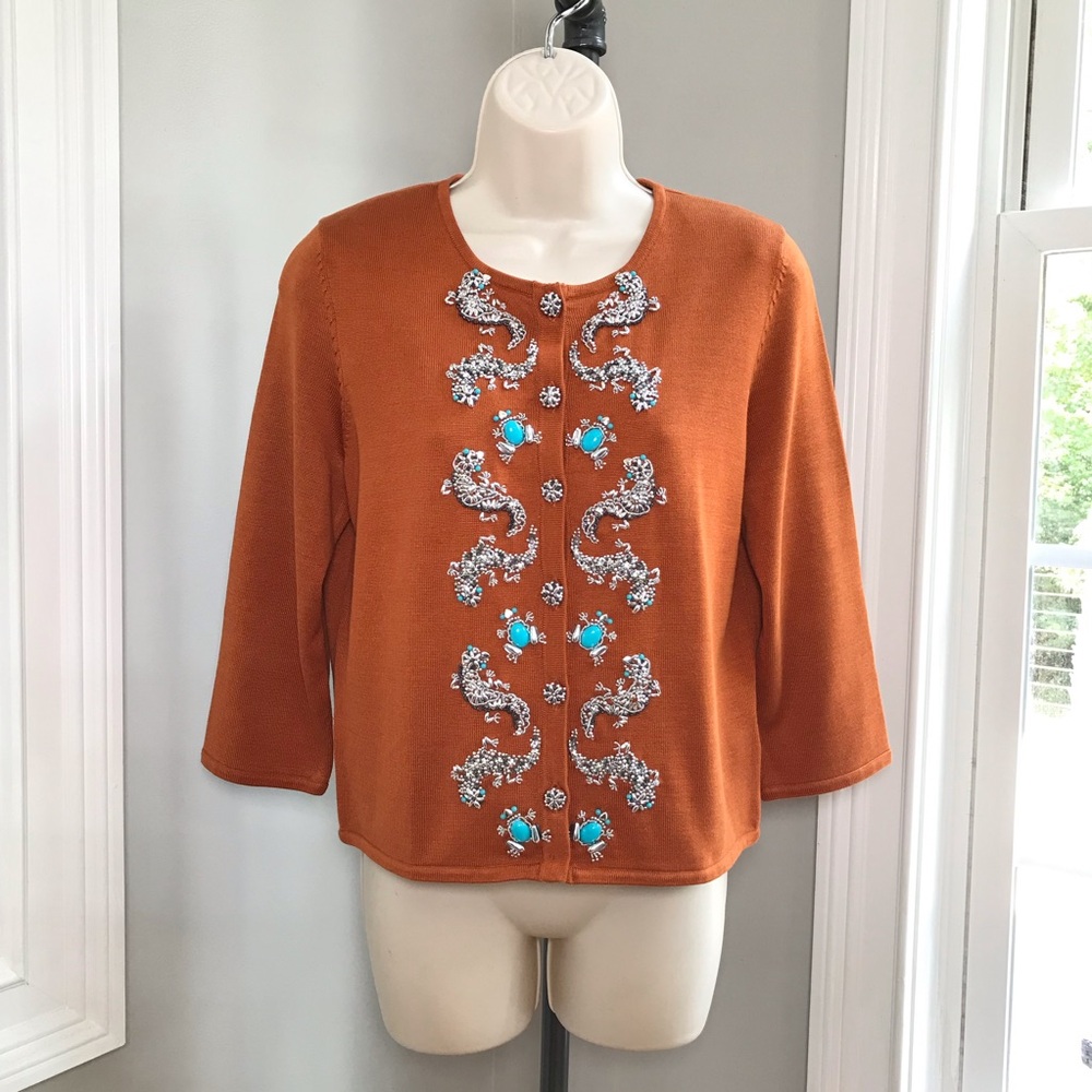 Michael Simon Turquoise Silver Lizard Frog Silk Cardigan Sweater ~ Women’s Small